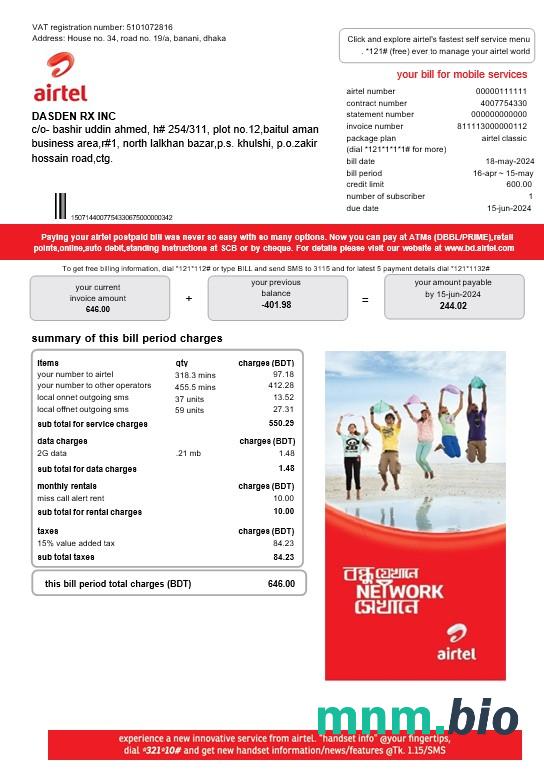Indie Airtel usługi telekomunikacyjne rachunek za usługi komunalne szablon w formacie Word i PDF